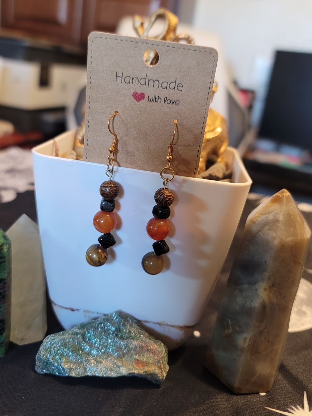 🔥3 For $20 Handmade Gold-Tone Brown & Orange Beaded Dangle Earrings